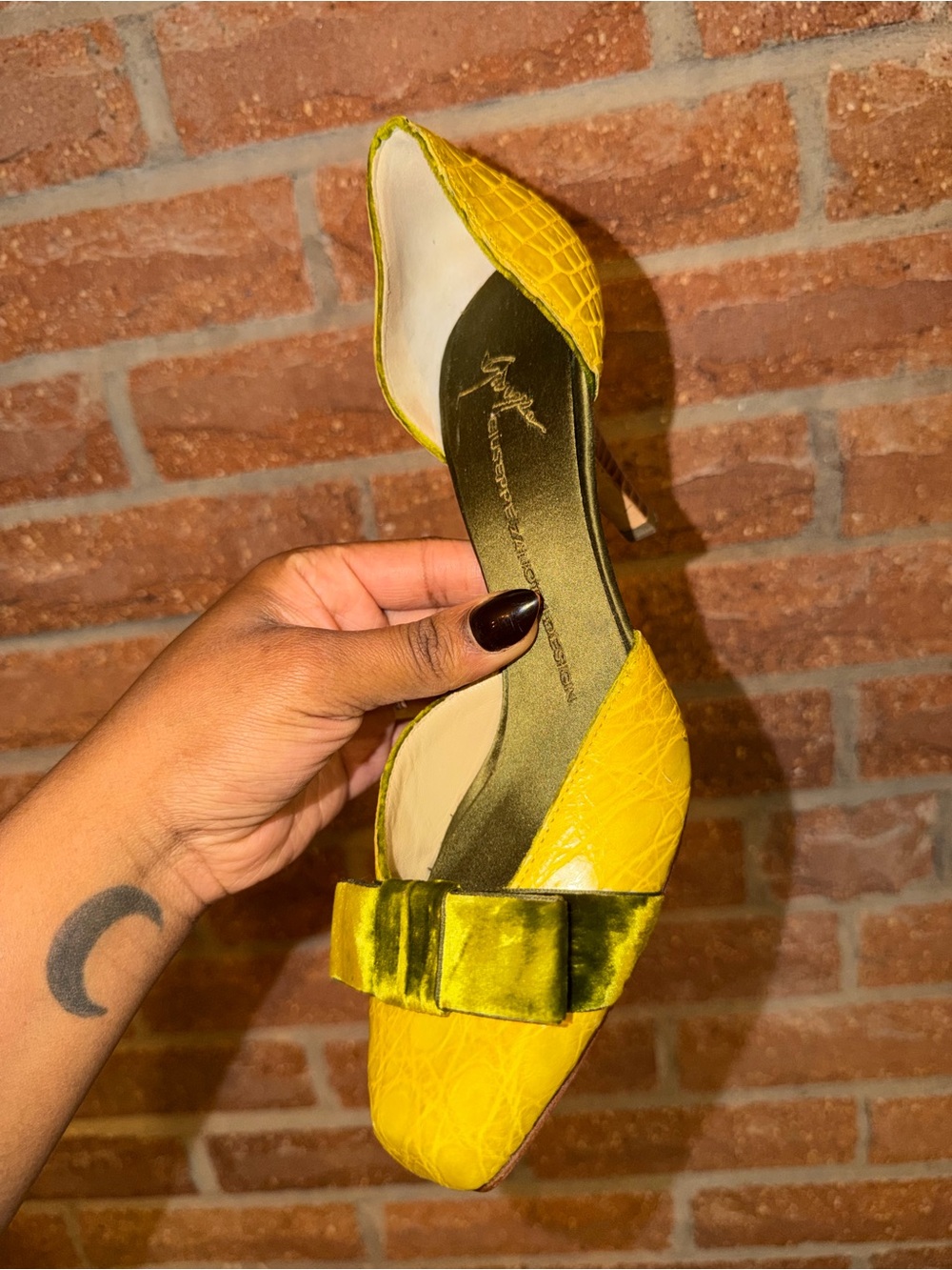Giuseppe Zanotti Yellow Croc-Embossed Satin Bow Pump with Velvet Bow